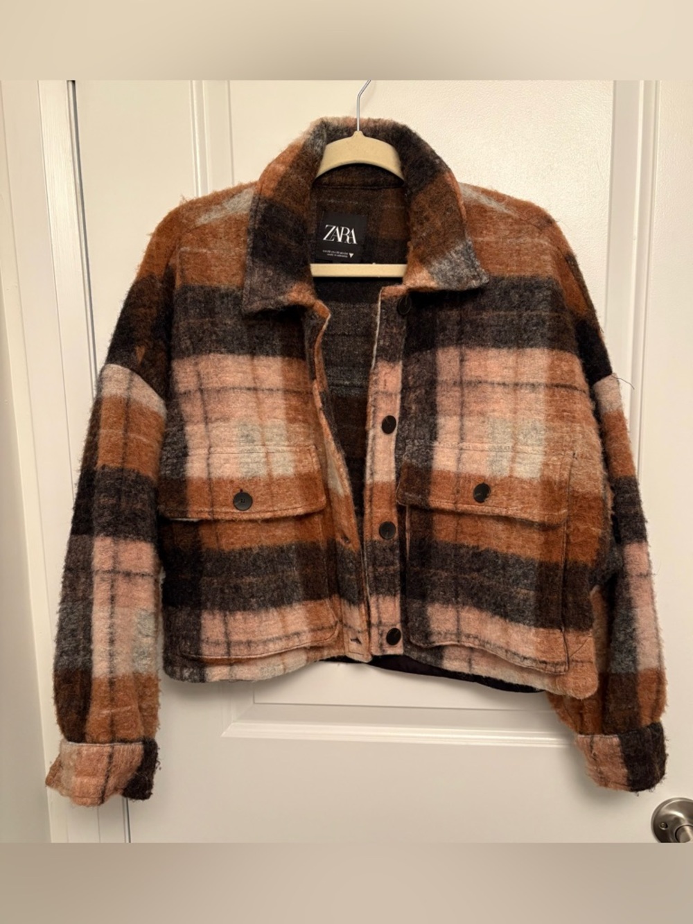 Zara Brown & Pink Plaid Cropped Shacket Jacket